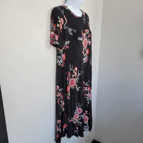 Stevie Hender Large Black Floral Midi Dress Lined Short Sleeve Stretchy Comfy - Picture 4 of 7